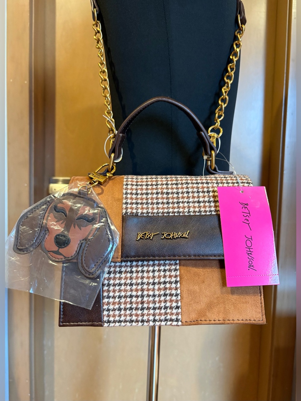 Betsey Johnson Brown Patchwork Satchel with Gold Chain and Dachshund Charm